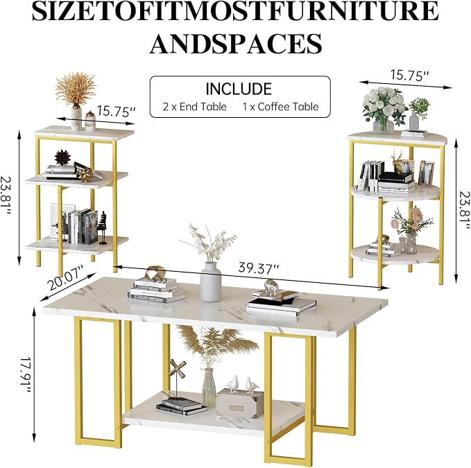 AWQM Faux Marble Table Set, Coffee Table & 2 Side Table, Faux Marble Tabletop - Image 2