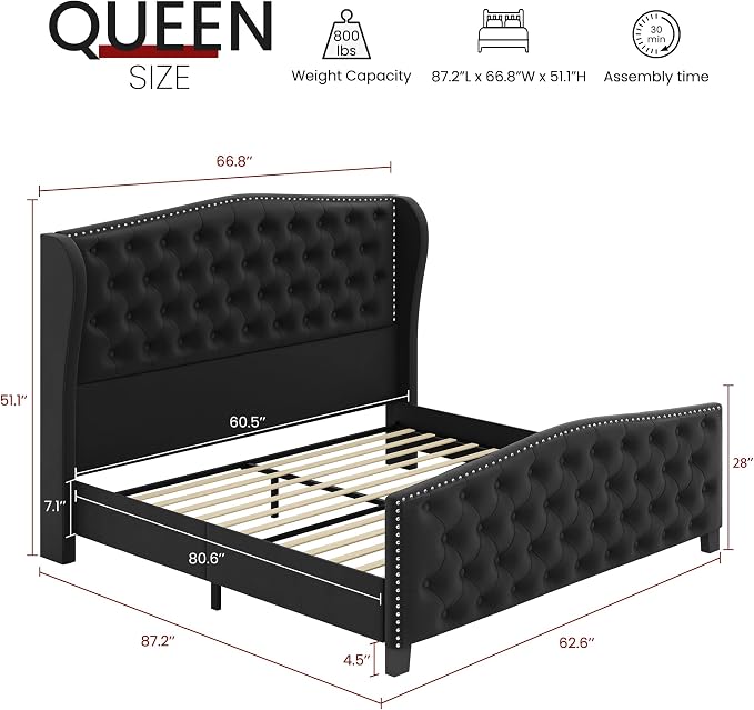 BRELTAM Upholstered Queen Size Bed Frame Velvet Black Tufted Platform Bed Frame - Image 2