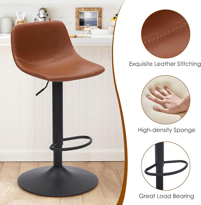 Adjustable Bar Stools Set of 2, Mid Century Modern Swivel Bar Stools, - Image 6