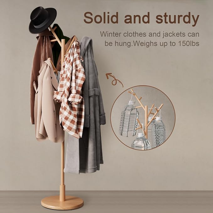 Muwuele Coat Rack, Solid Wood Coat Rack Freestanding - Image 6