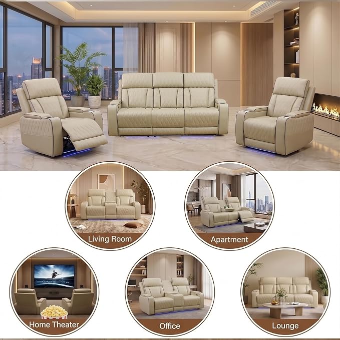 Power Recliner Sofa Set with LED Lights, Includes 2 Manual Recliner 1 Seat and - Image 6