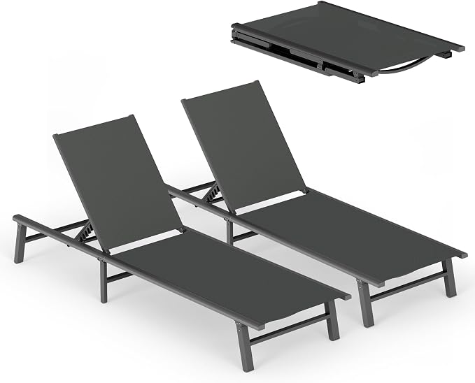 Ciokea Foldable Outdoor Lounge Chair Set of 2, No Assembly Aluminum Chaise by CIOKEA
