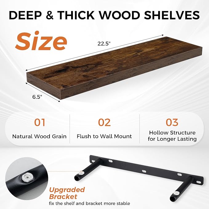 Fun Memories Floating Shelves for Wall, 22.5" Rustic Wood Deep Wall Mounted - Image 3