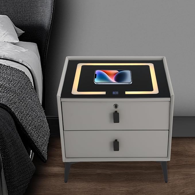 Smart Nightstand w/Fingerprint Lock Drawers, Smart Bedside Table w/USB Charging - Image 4