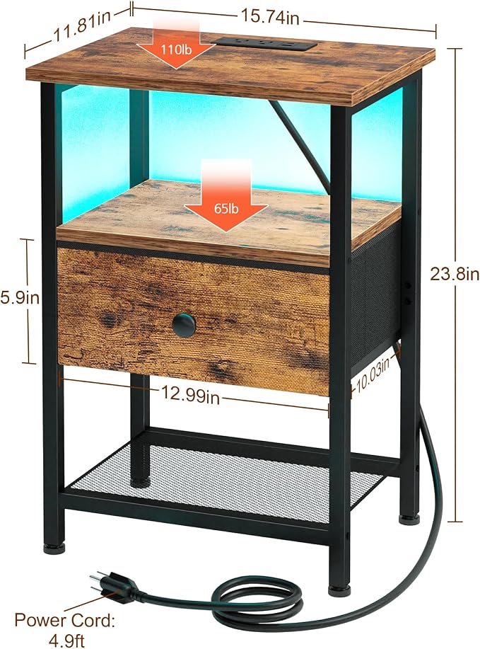 LOAKEKEL Nightstand with Charging Station, End Table with Fabric Drawer - Image 3