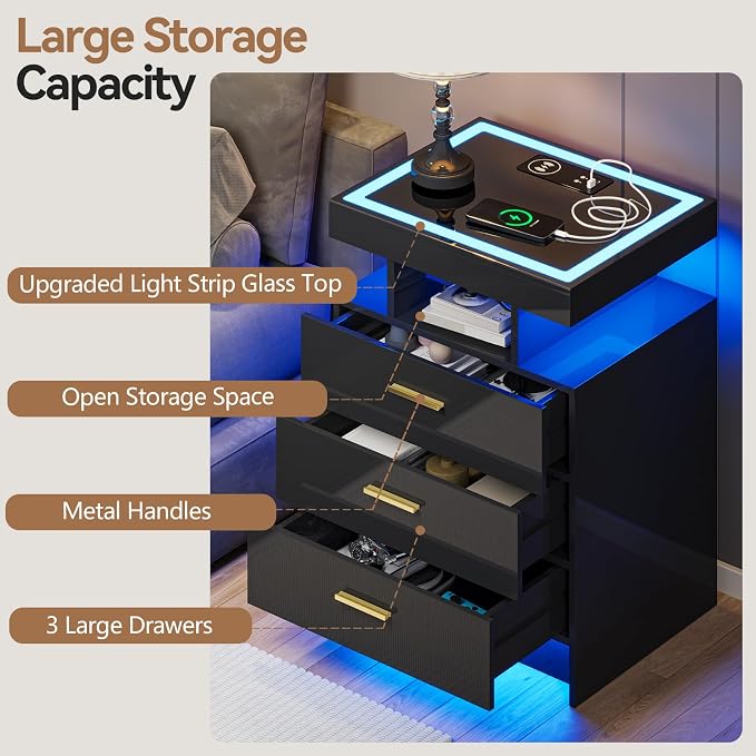 Black Night Stand with Wireless Charging Station, Smart Bedside Table with 3 - Image 6
