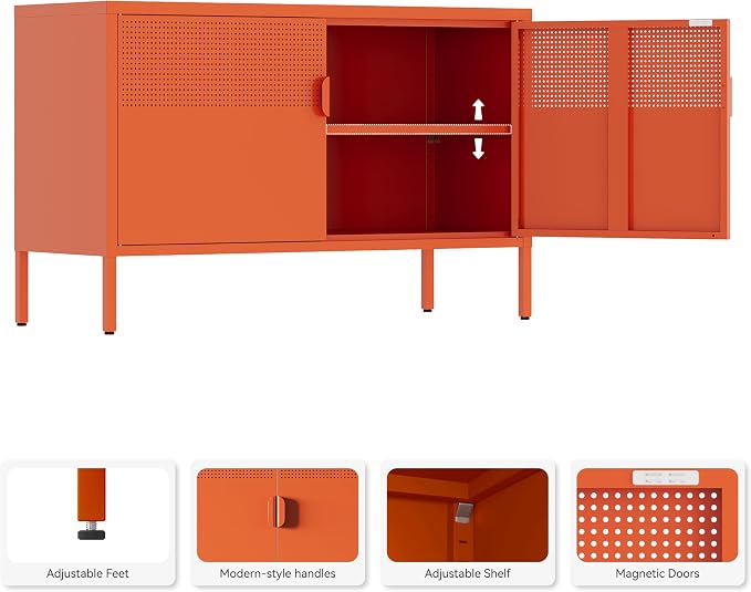 Orange Metal Storage Cabinet, 2 Door TV Stand, Metal Mesh Accent Cabinet - Image 4