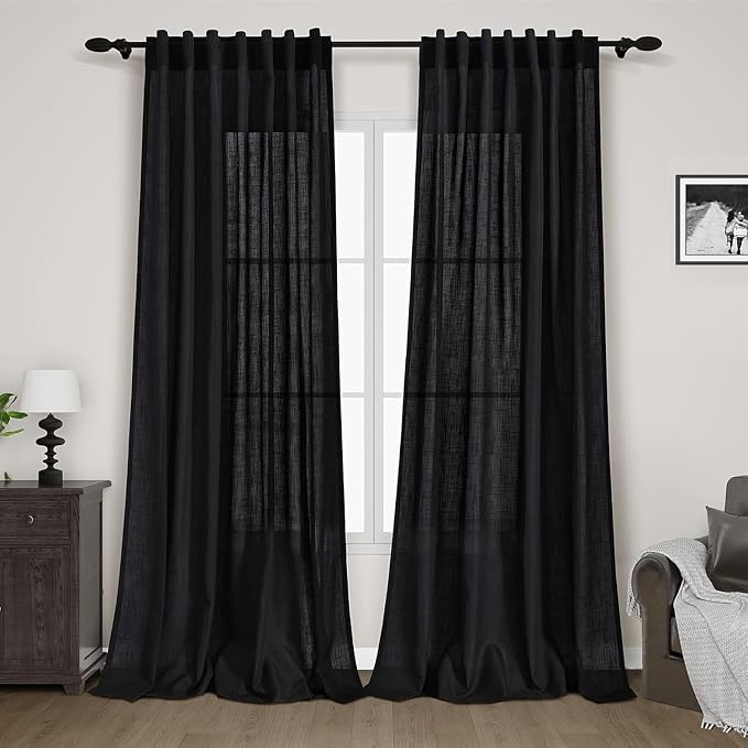 Black Curtains 95 Inches Long 2 Panel Set Back Tab Sheer Black Linen Curtain by Nanspring