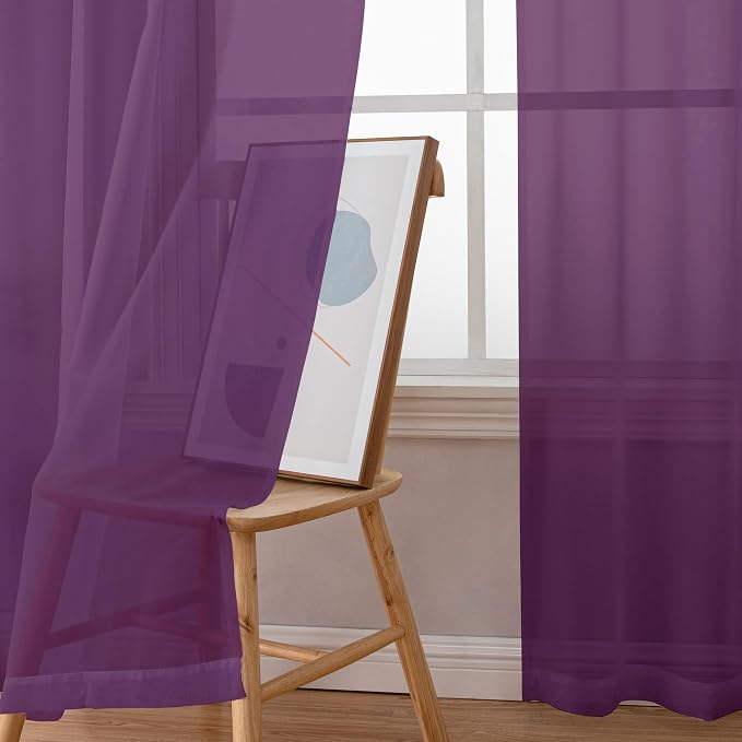 Chyhomenyc Sheer Curtains 63 Inch Length 2 Panels, Plum | Light Filtering - Image 7