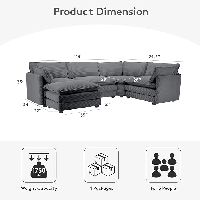 ROWHY 113'' Modular Sectional Cloud Corner Couch, 5 Seater L Shape Sofa Big - Image 2