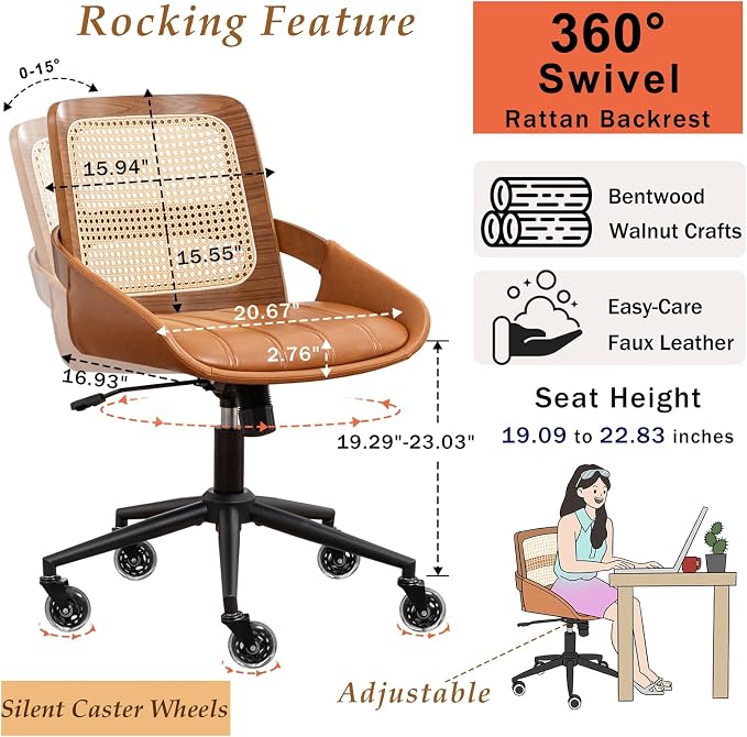 Home Office Desk Chair with Ergonomic Rattan Backrest, Walnut Crafts, Curved - Image 2