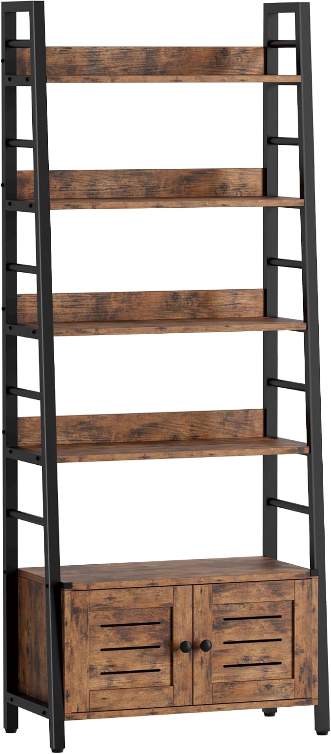 IRONCK Bookshelf with Louvered Doors, 4-Tier Ladder Shelf with Cabinet by IRONCK