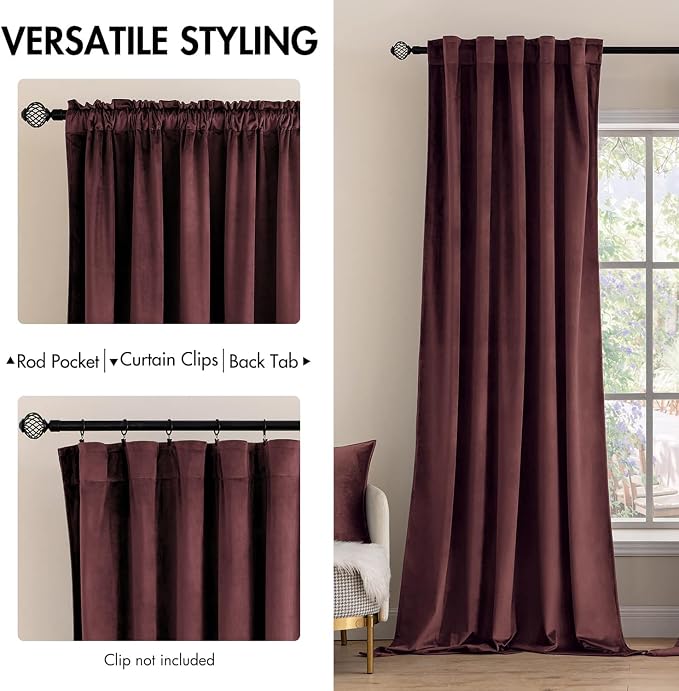 MIULEE Velvet Curtains 52x108 inches 2 Panels Ruby Wine Blackout Curtains | - Image 2