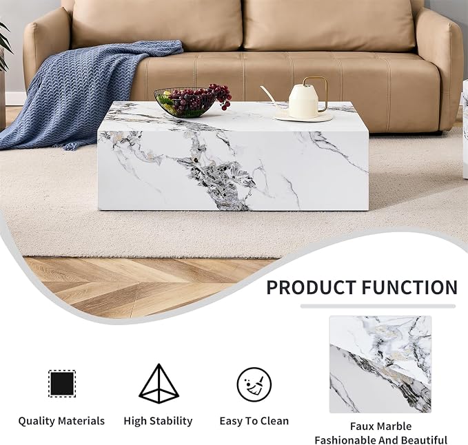 Faux Marble Coffee Table, Rectangle MDF Coffee Tables - Image 3