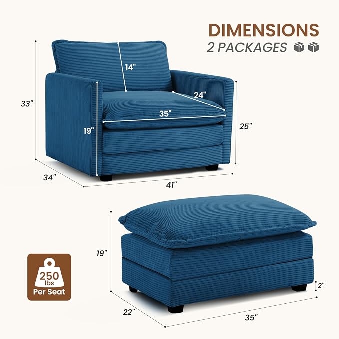 ROWHY Single Armchair with Ottoman, Modern Corduroy Cloud Couch with - Image 2