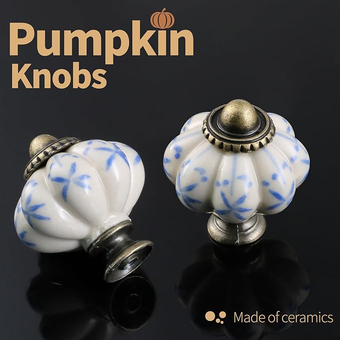 Ivory & Blue Pumpkin Knobs 6 Pack Ceramic Cabinet Knobs Vintage Drawer Pulls - Image 5