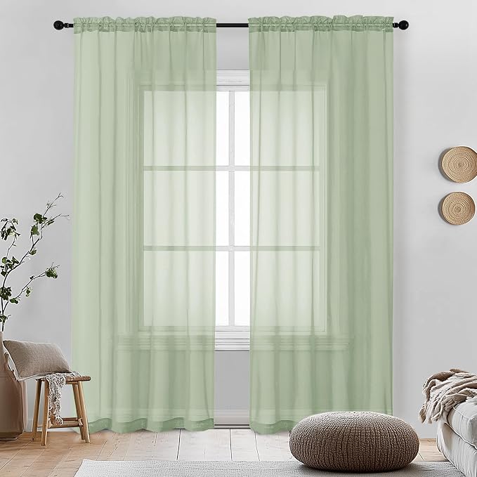 Light Green Sheer Curtains 84 Inches Long 2 Panels by OVZME