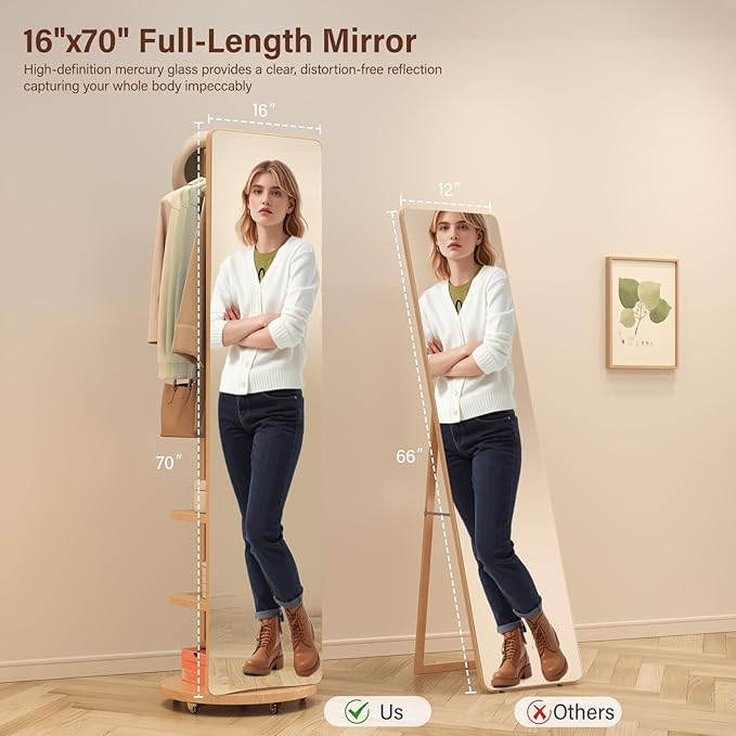 Muwuele Solid Wood Full Length Mirror Coat Rack, Floor Mirror - Image 5