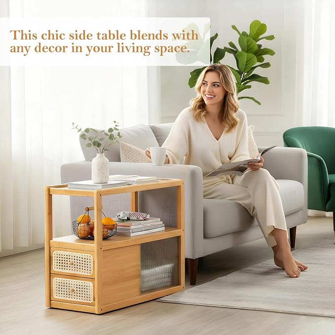 Tiita Rattan Nightstand Side Table, Bamboo Accent Bedside Tables, Glass Coffee - Image 3