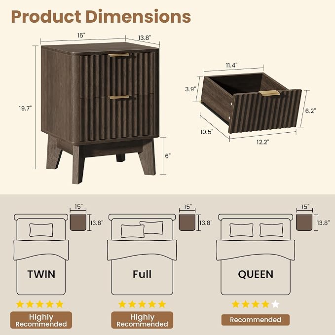 Fluted Nightstand Set of 2, Modern End Table - Image 2