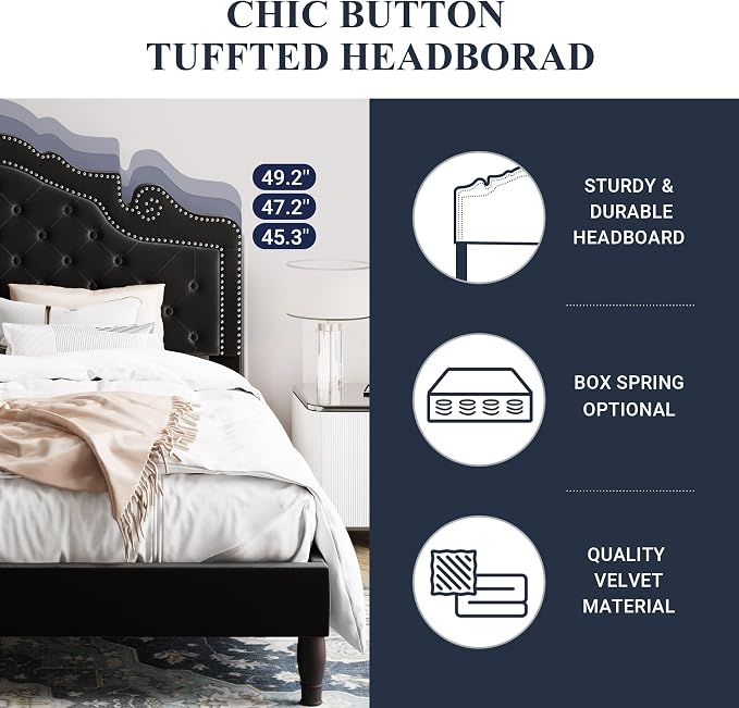 Allewie King Bed Frame with Adjustable Velvet Tiara Headboard, Upholstered - Image 6