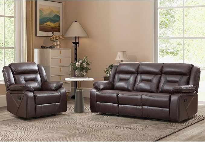 EBELLO Manual Recliner Sofa Set, Faux Leather Reclining Living Room Furniture by EBELLO