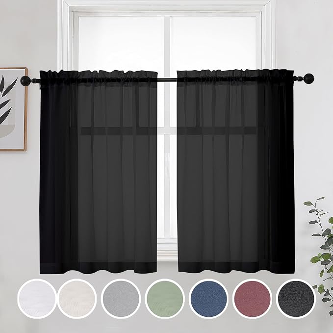 Short Sheer Curtains 30 Inches 2 Panels Set, Kitchen Tiers Light Filtering Rod - Image 3
