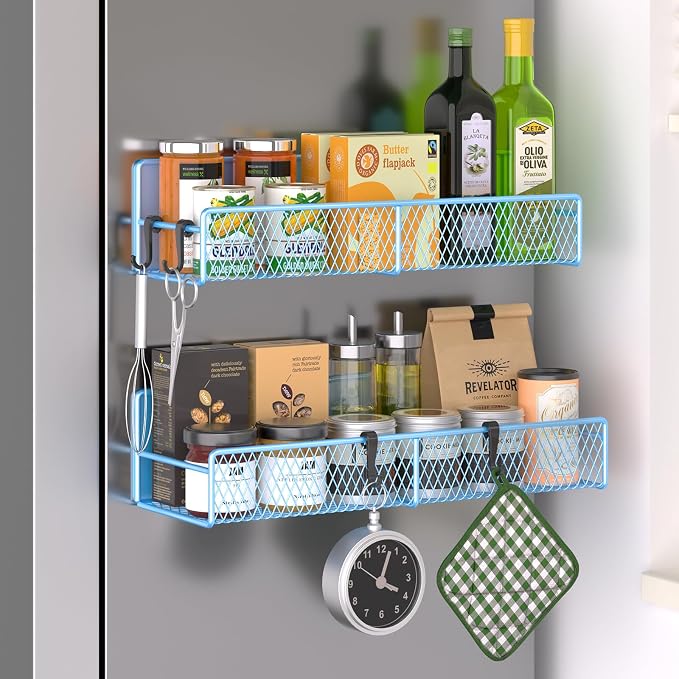 Magnetic Spice Rack for Refrigerator, 2 Pack Metal Magnetic Shelf Blue by DTUQYX