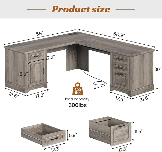 SEDETA 69" L Shaped Desk with Drawers and Storage, Farmhouse Computer Desk with - Image 2