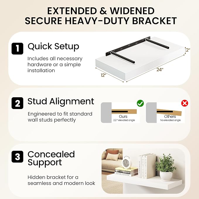 32Inch White Floating Shelves for Wall, 12 Inch Deep Shelves for Bedroom - Image 6