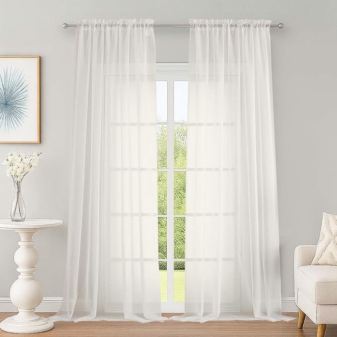 Ivory Sheer Curtains, Sheer Curtains 96 inches Long 2 Panels Set, Rod Pocket by OWENIE