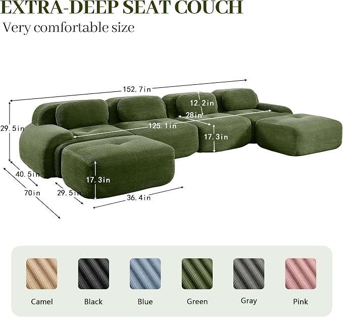 Boneless Sectional Couch, No Assembly Required, 152.7” U Shaped Modular Cloud - Image 3