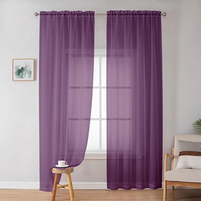 Plum Sheer Curtains, Sheer Curtains 84 Inches Long 2 Panels Set, Rod Pocket - Image 2