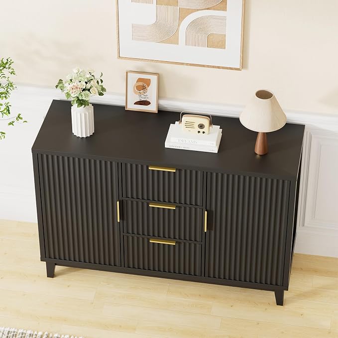 47.2" W Storage Cabinet with 3 Drawers, Fluted Buffet Cabinet with Storage - Image 9