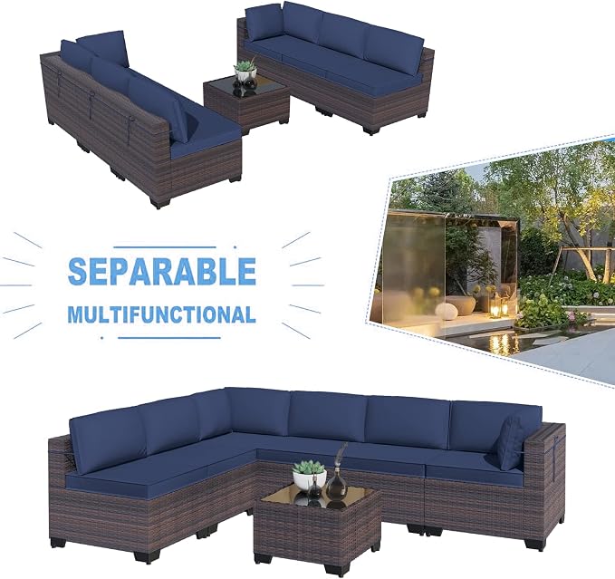 Kullavik 7 Pieces Outdoor Patio Furniture Set, Sectional Rattan Sofa Set Brown - Image 6
