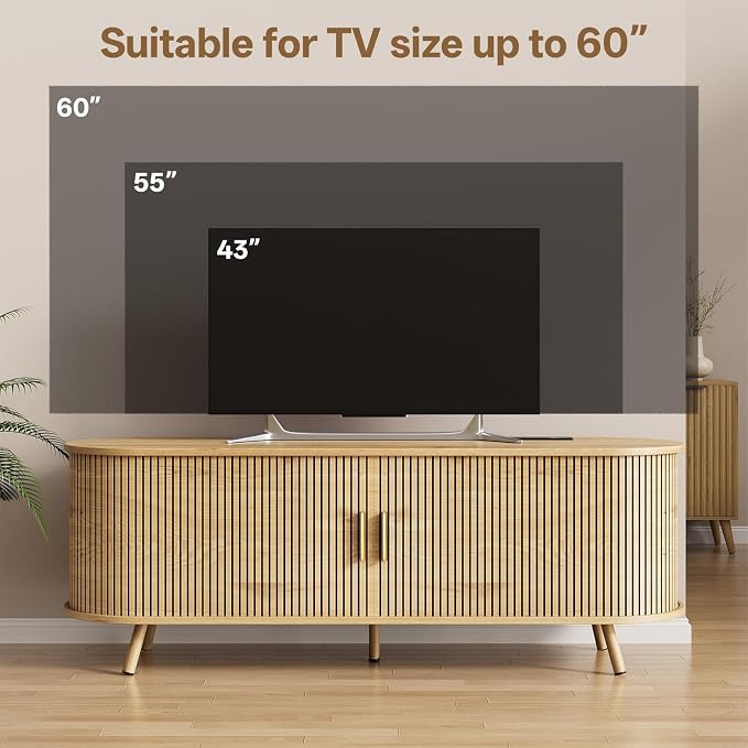 63 inch TV Stand with Power Outlet, Fluted Entertainment Center - Image 6