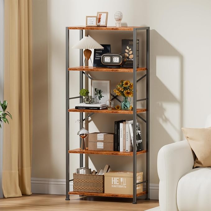 Furologee 5 Tier Book Shelf, Tall Wide Bookshelf, Industrial Open Bookcase - Image 2