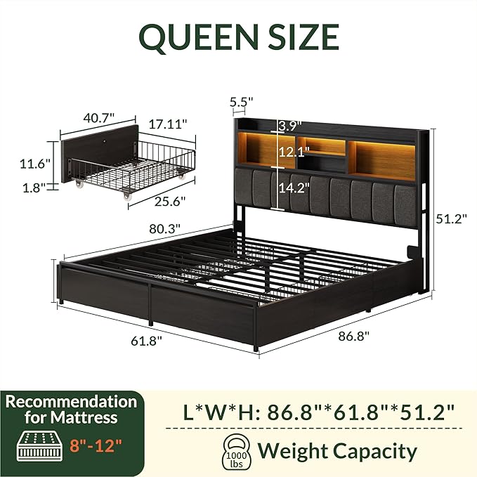 LARMACE Queen Bed Frame with 6 Storage Drawers, Bed Frame Queen Size with Linen - Image 2