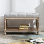 Farmhouse Storage Bench Wooden Entryway Linen Upholstered Ottoman Button Tufted by Janoray