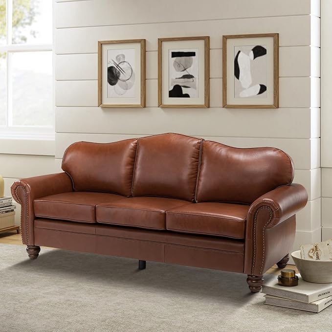 81" Genuine Leather Sofa, Classic 3-Seater Couchs - Image 3