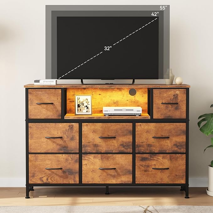 DUMOS TV Stand Dresser with 8 Fabric Drawers and Open Shelves, LED - Image 8