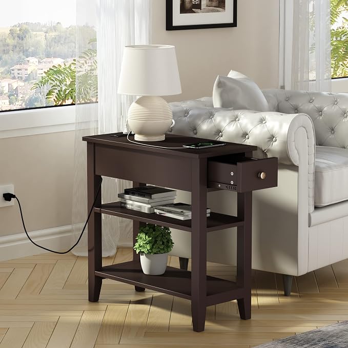 ChooChoo Narrow End Table with Charging Station, Side Table Living Room with - Image 2