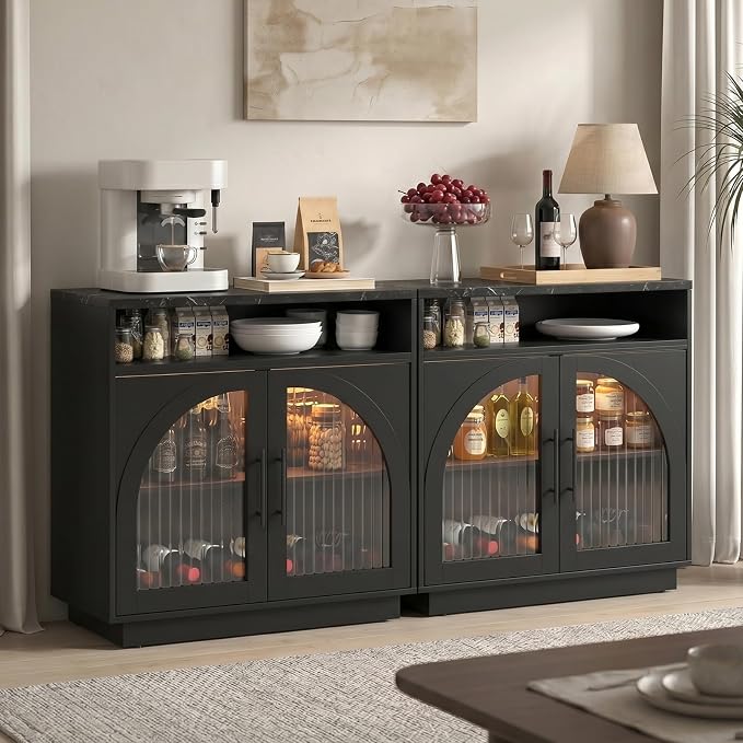 Sideboard Buffet Cabinet with Storage, Wine Bar Cabinet with Arched Glass Doors by SOLACEFURNITURE