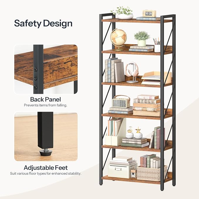 HOOBRO Bookshelf, 6-Tier Industrial Bookcase, Book Shelf Storage Organizer - Image 5