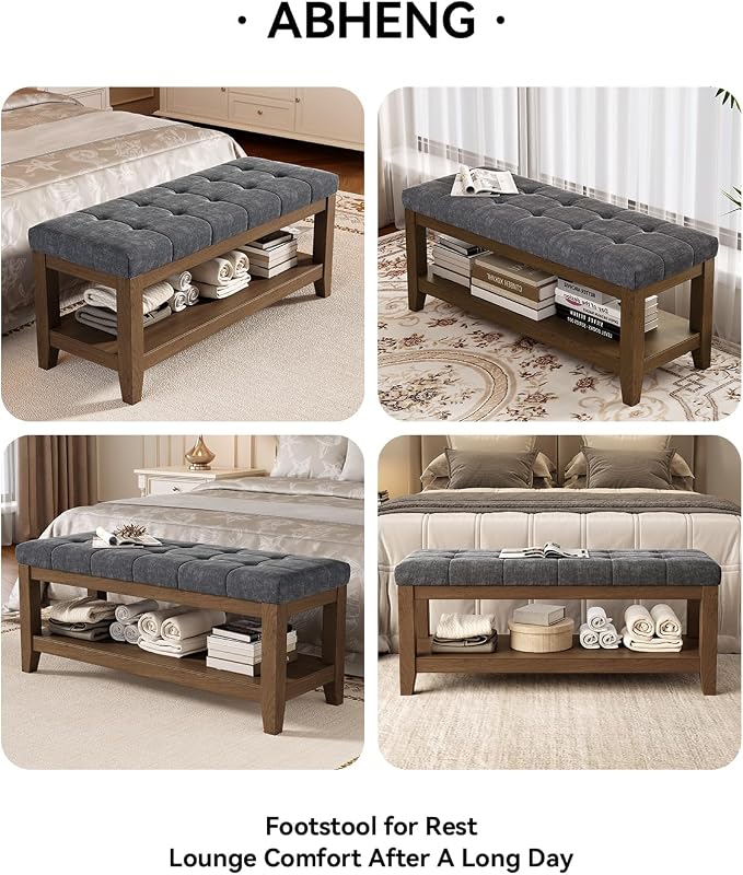ABHENG Solid Rubber Wood Shoe Bench, Soft Chenille Material Upholstered Seat - Image 6