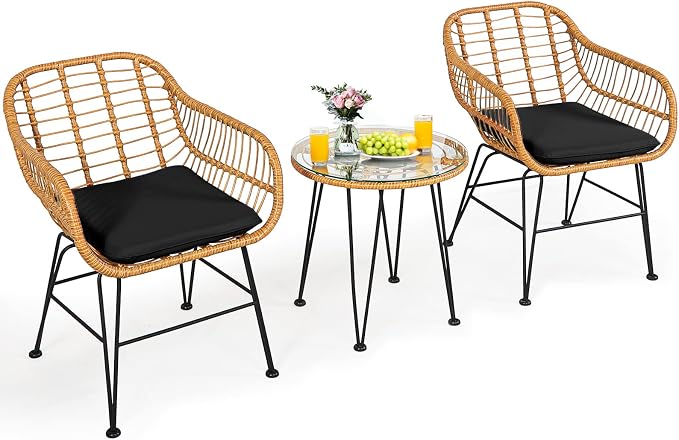 Tangkula 3 Pieces Patio Bistro Set, Rattan Conversation Set by TANGKULA