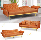 70” Velvet Futon Sofa Bed w/Adjustable Armrests & 2 Pillows, Convertible Futon - Image 6