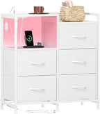 Somdot White Nightstand with Charging Station and LED Light, Wide 5 Drawers by Somdot
