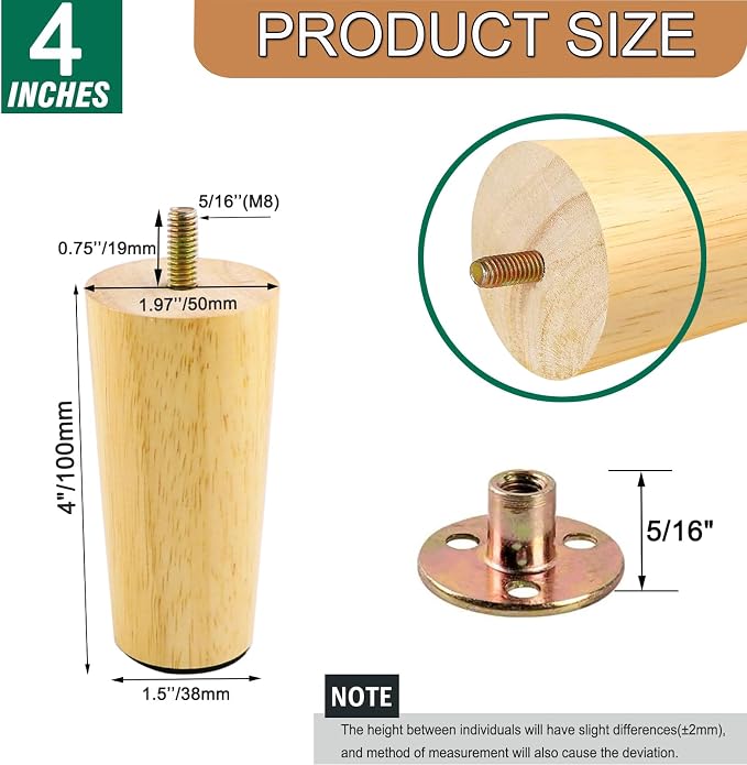 Yaliuliu 4 Inches Round Solid Wood Furniture Legs Set of 4, Natural Wooden - Image 2