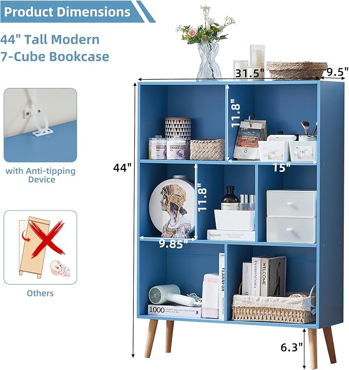 LEYAOYAO Cube Bookshelf 3 Tier Mid-Century Blue Modern Bookcase - Image 3